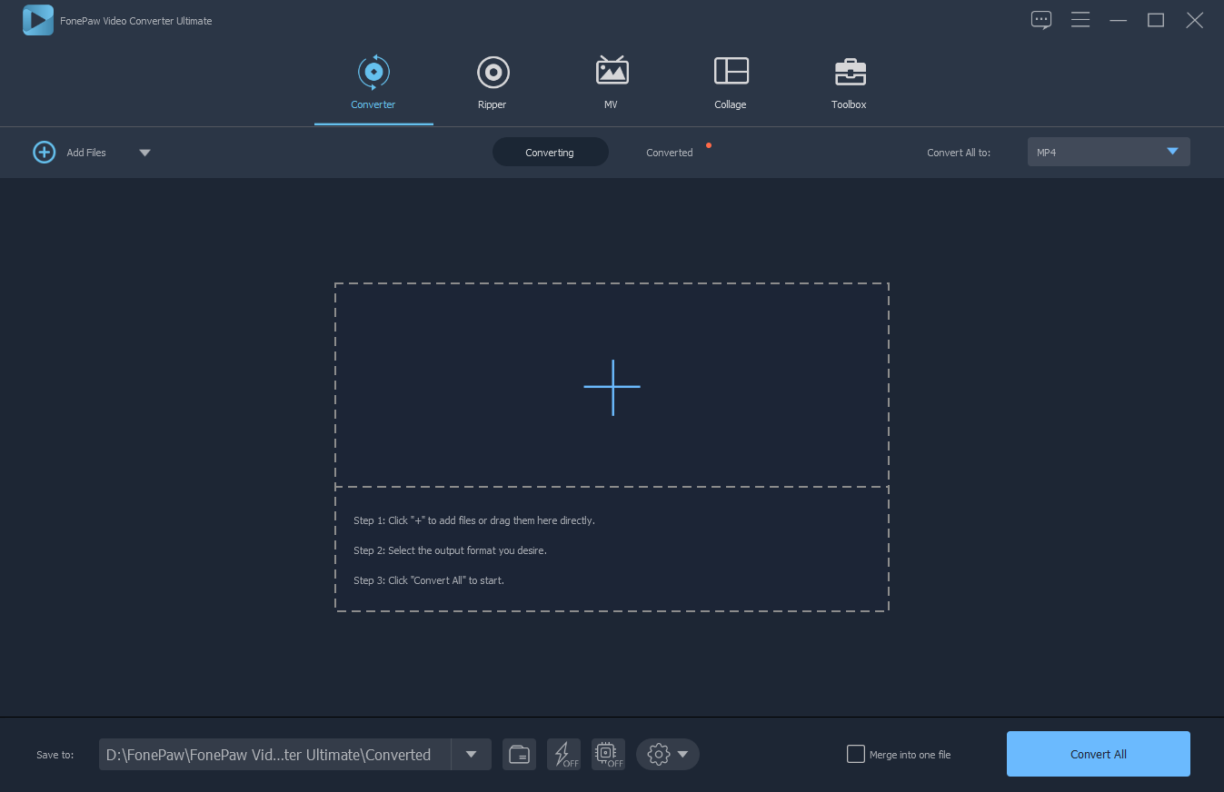 Главный экран FonePaw Video Converter Ultimate с вкладкой Converter и кнопкой Convert All