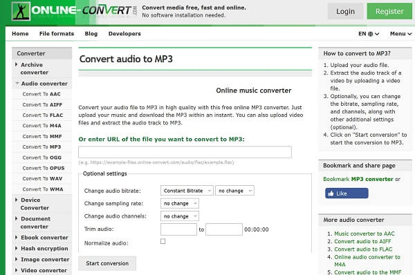 Online-Convert с параметрами аудиоконвертации в MP3