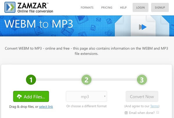 Zamzar с выбранным WebM-файлом и форматом MP3