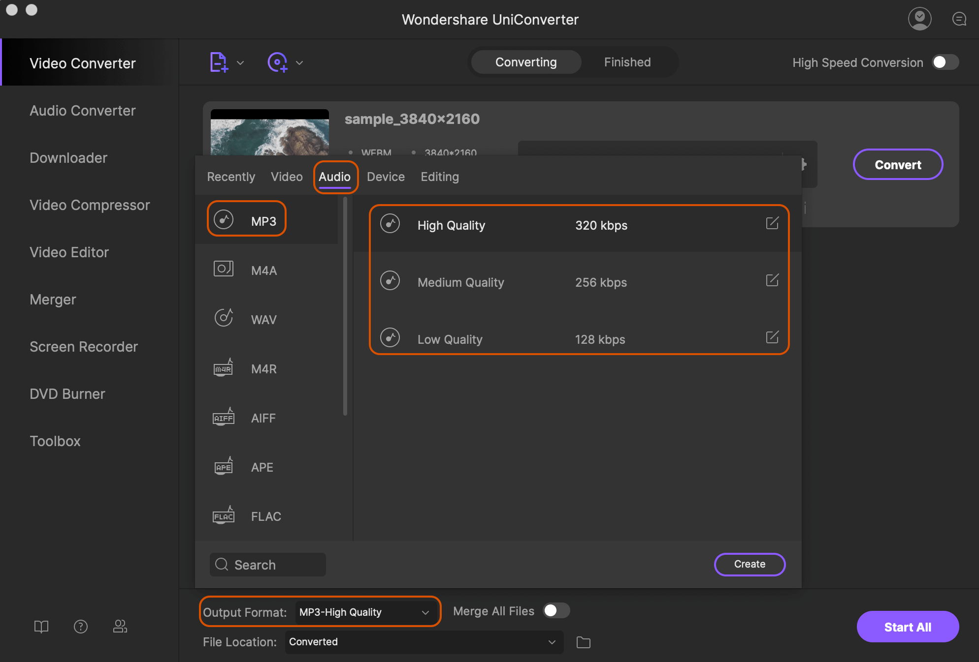 Wondershare UniConverter на macOS при выборе формата MP3 для WebM