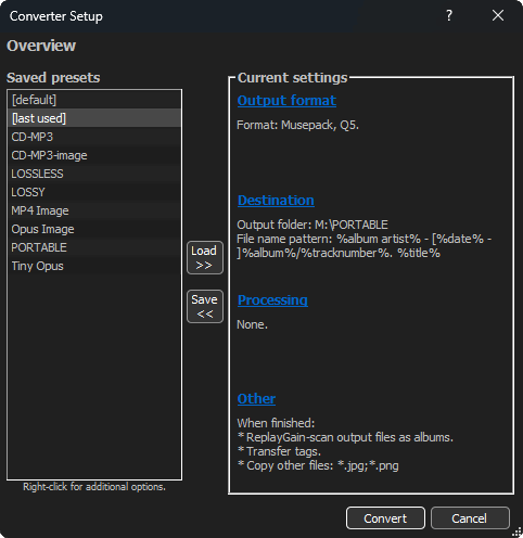 Converter Setup в foobar2000