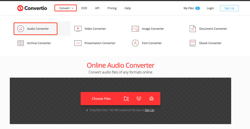 Интерфейс Convertio для WAV в MP3