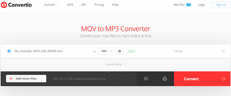Интерфейс Convertio для MOV в MP3