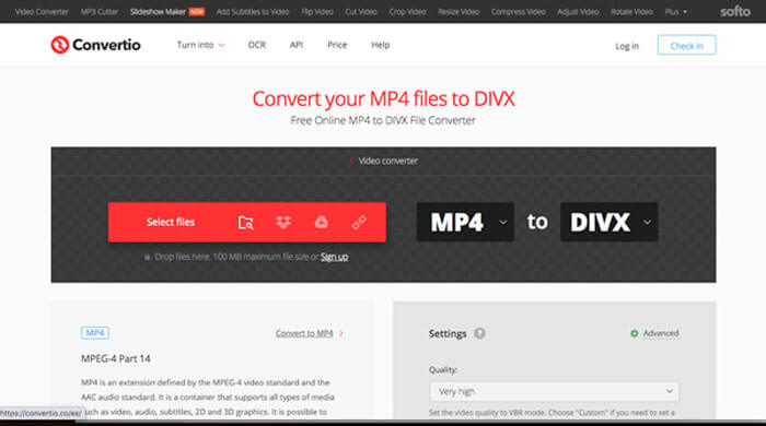 Convertio: онлайн-конвертация MP4 в DivX