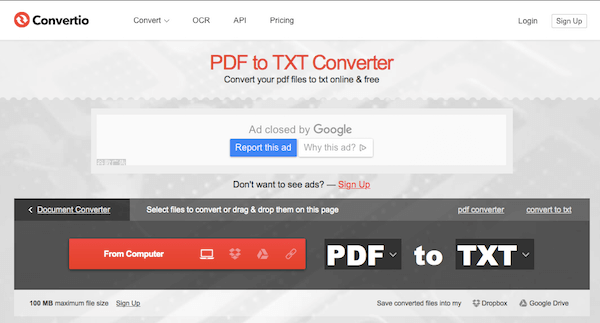 Convertio: онлайн-конвертация PDF в TXT