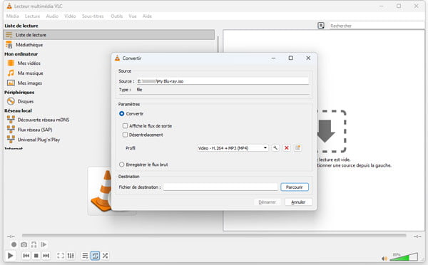 Окно конвертации Audio CD в VLC