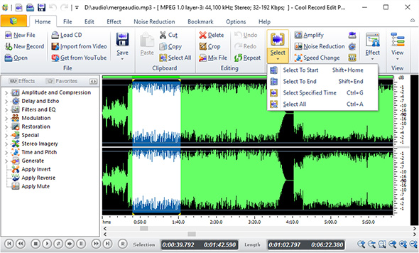 Выделение фрагмента аудио в Cool Record Edit Pro