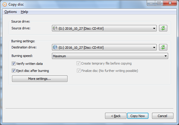Окно копирования диска в AnyBurn