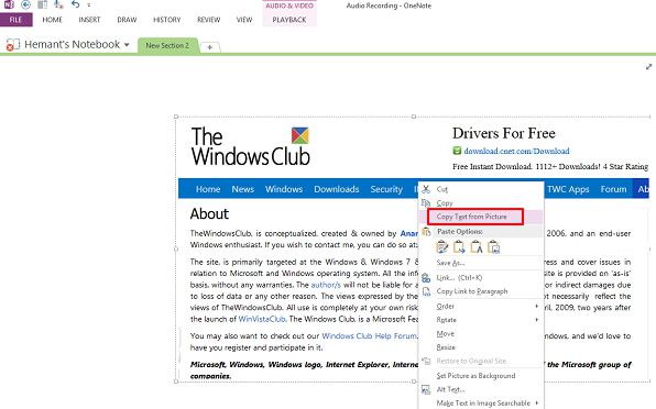 Копирование текста из изображения в OneNote
