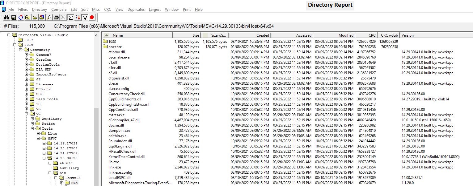 Directory Report с колонками CRC, CRC wSub и Version для файлов в Program Files