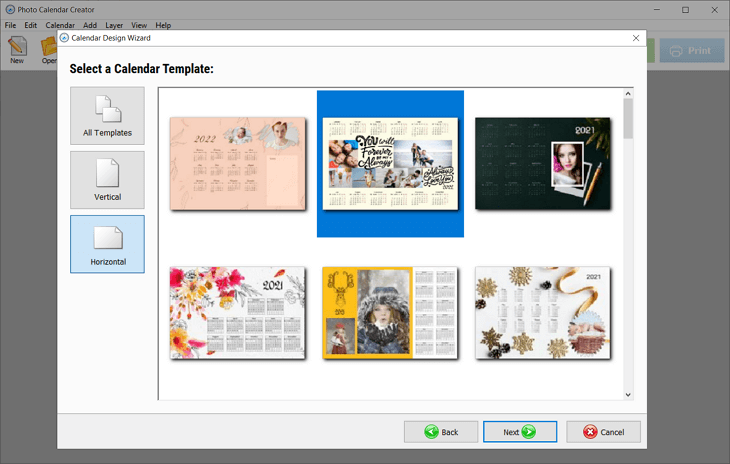 Окно выбора шаблона в мастере проекта Photo Calendar Creator