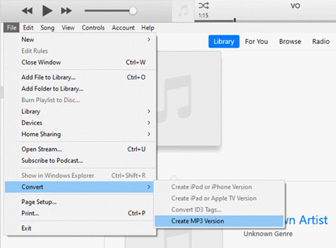 iTunes: команда Create MP3 Version