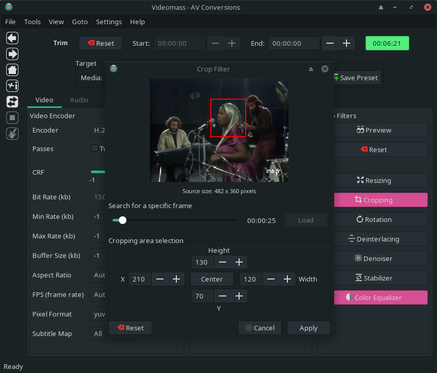 Скриншот Videomass: crop filter