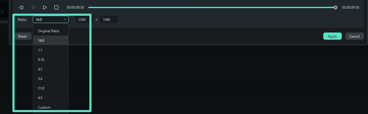 Выбор соотношения сторон в Filmora