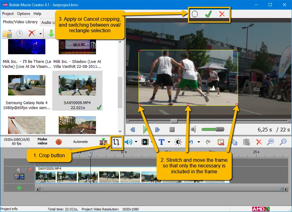 Crop в Bolide Movie Creator: рамка, маркеры и кнопки Apply/Cancel