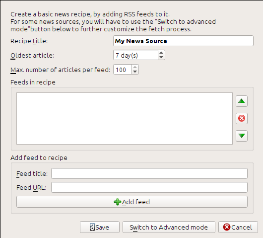 Окно добавления собственного новостного источника в Calibre