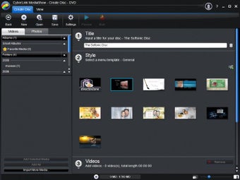 CyberLink MediaShow — окно создания DVD-диска с меню и выбором стиля