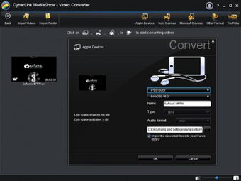 CyberLink MediaShow — окно Video Converter с выбором устройства и параметров вывода