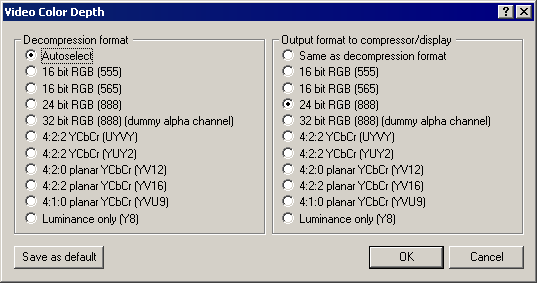 Диалог Video Color Depth