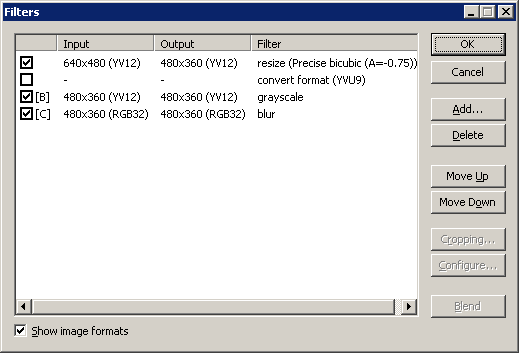 Окно Video Filters в VirtualDub