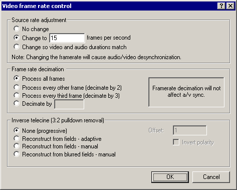 Диалог Video frame rate control