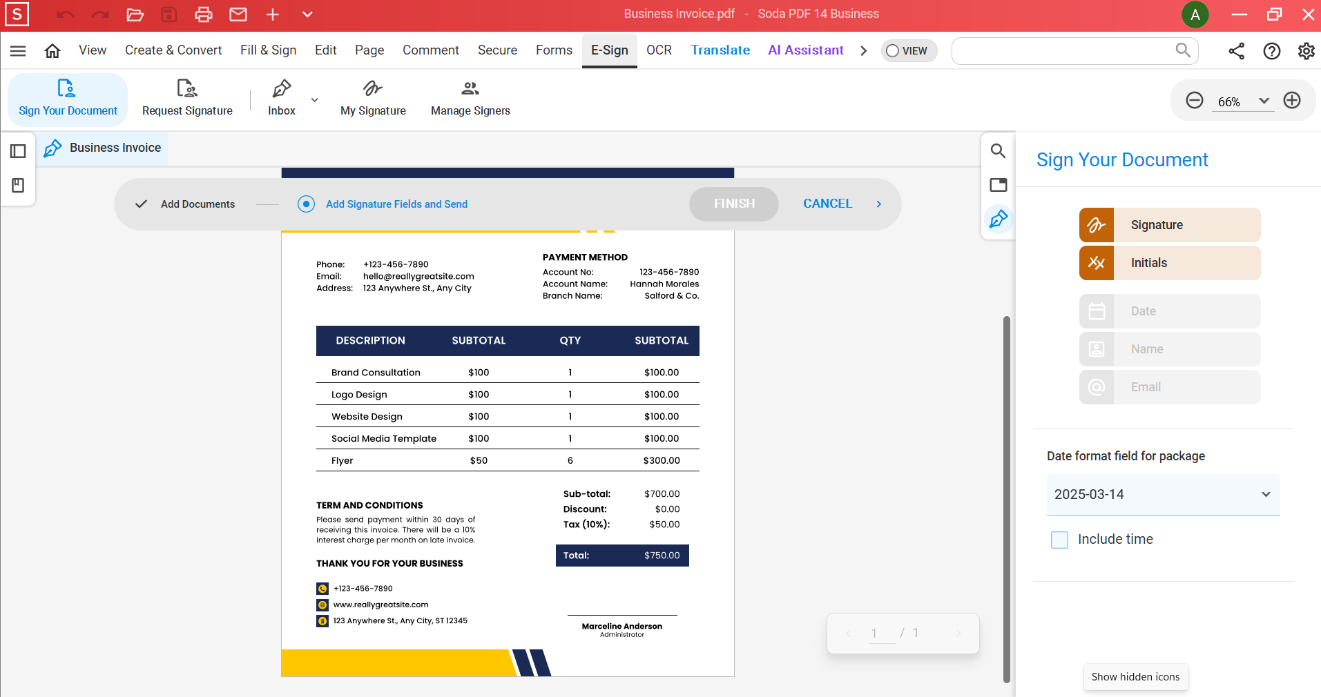 Режим E-Sign в Soda PDF