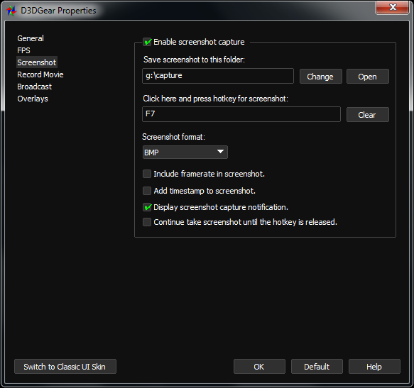 Вкладка Screenshot в D3DGear