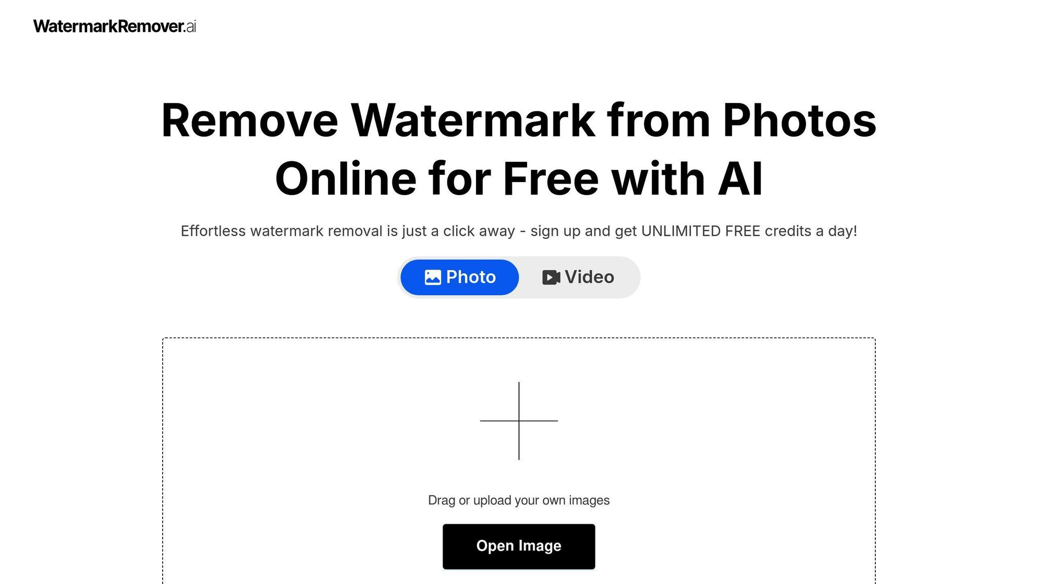 Интерфейс WatermarkRemover.ai с выбором Photo и Video и кнопкой Open Image