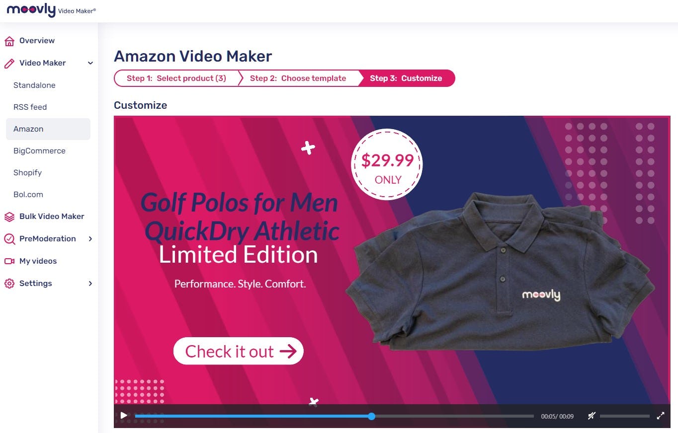 Amazon Video Maker в Moovly с этапами Select product, Choose template и Customize