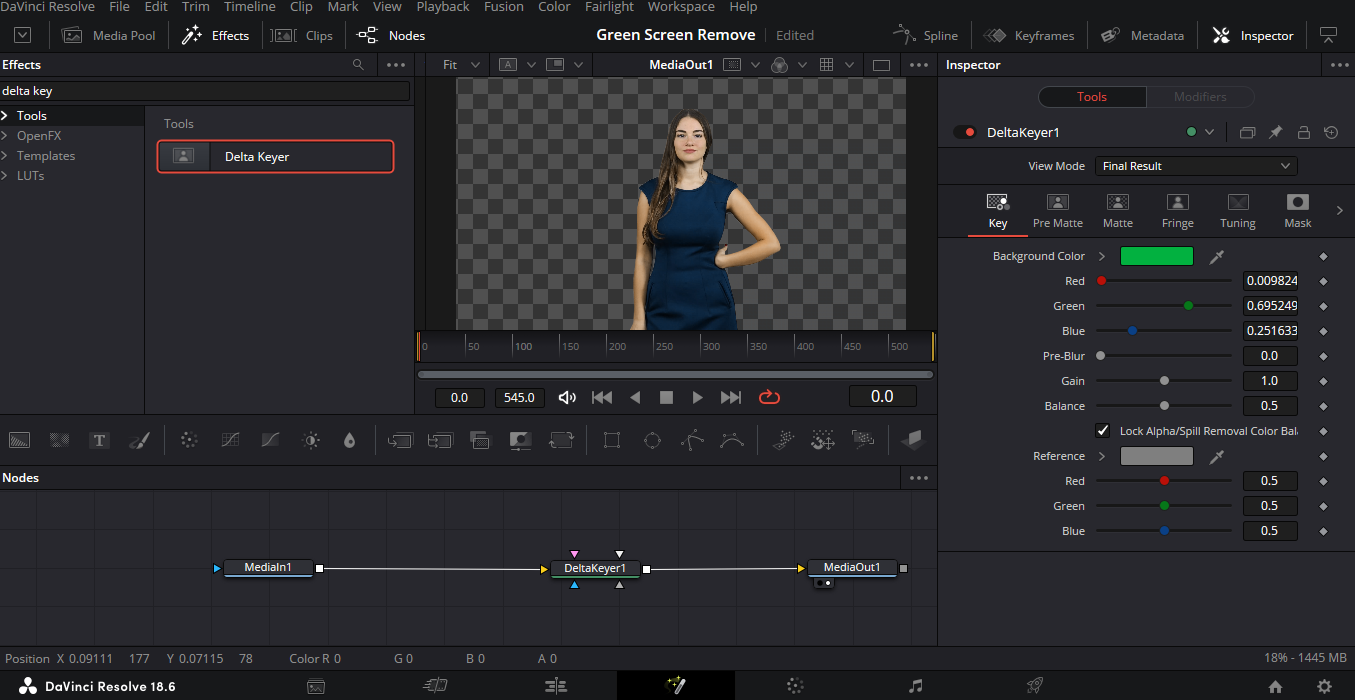DaVinci Resolve Fusion: Delta Keyer удаляет зеленый фон, а ноды MediaIn, DeltaKeyer и MediaOut образуют цепочку обработки