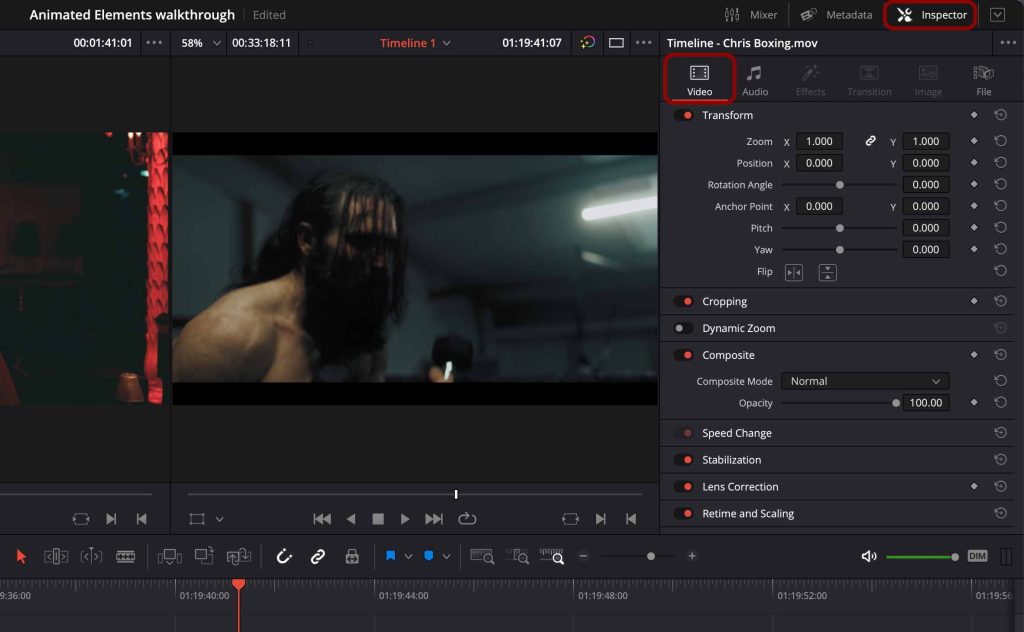 Inspector и Transform в DaVinci Resolve