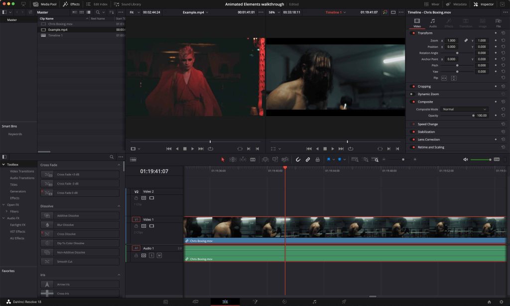 Работа с растяжением клипа в DaVinci Resolve на macOS