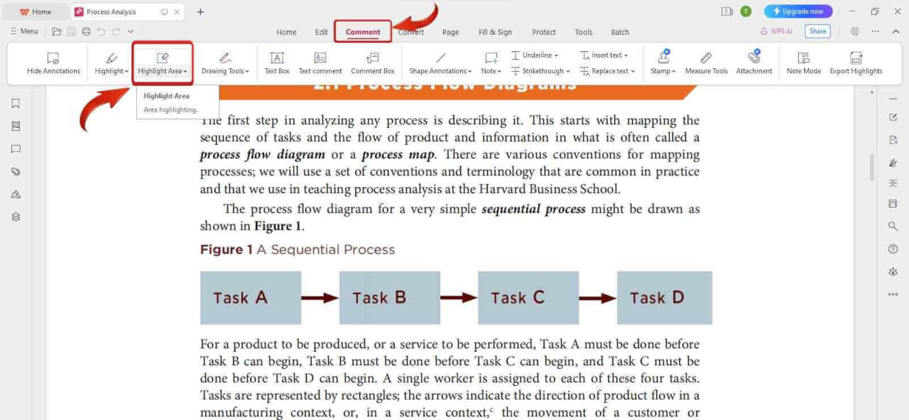 Интерфейс WPS PDF: выделение области через Comment → Highlight Area