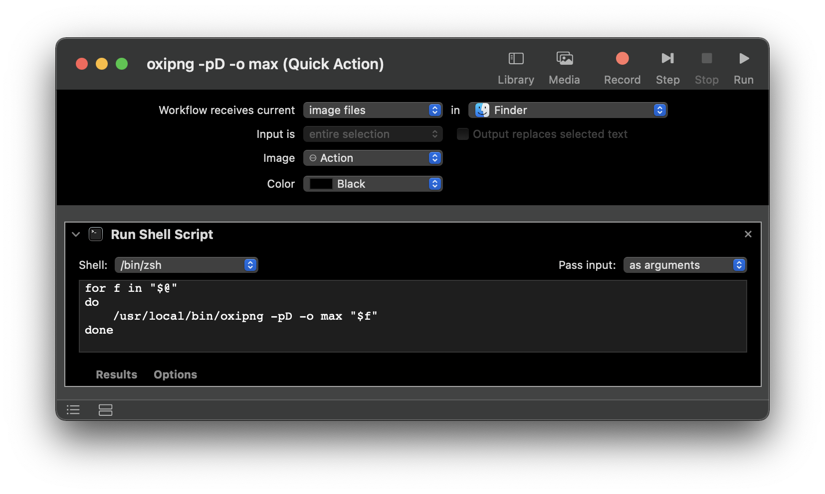 Quick Action с командой oxipng в Automator