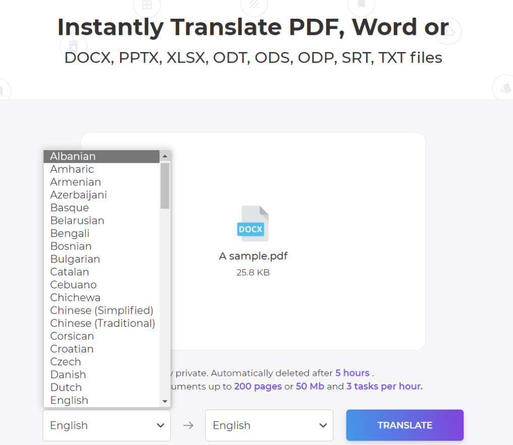 Интерфейс DeftPDF Document Translator