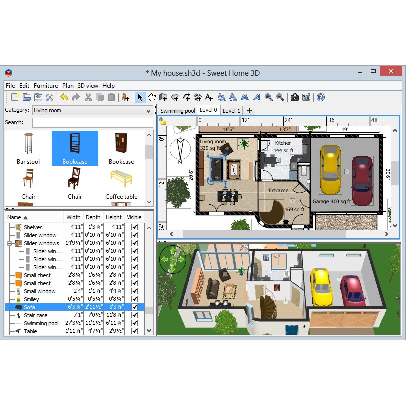 Интерфейс Sweet Home 3D с планом помещения, каталогом мебели и трехмерным видом