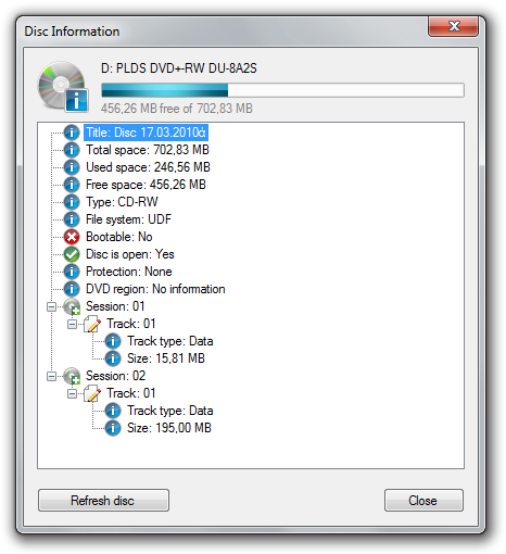 Окно информации о диске в CDBurnerXP