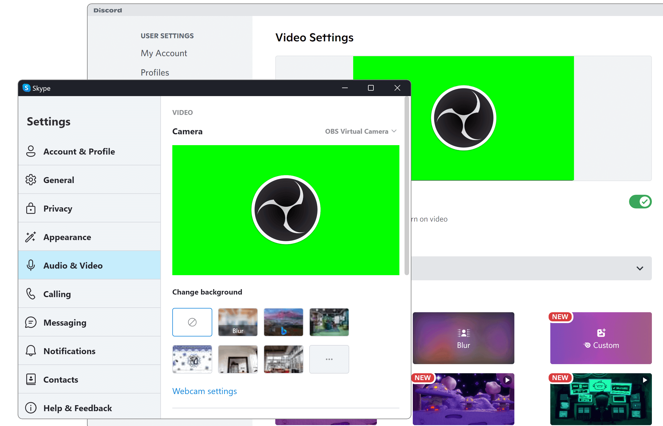 OBS Virtual Camera, выбранная в стороннем приложении