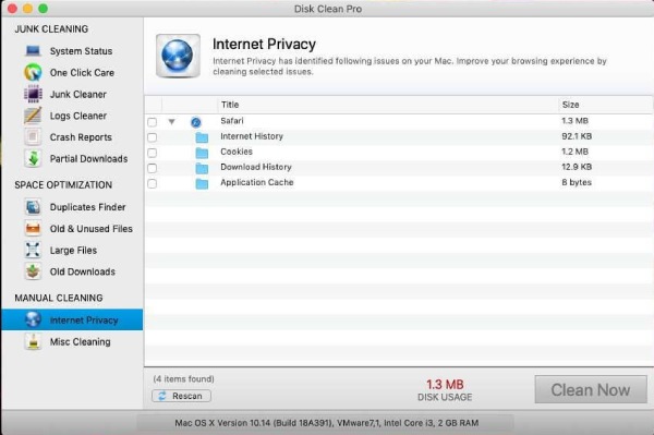 Раздел Internet Privacy в Disk Clean Pro