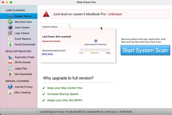 Главный экран Disk Clean Pro с кнопкой Start System Scan