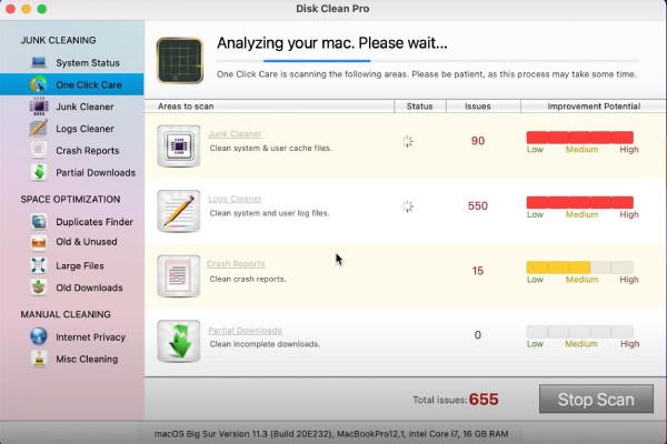 Сканирование One Click Care в Disk Clean Pro