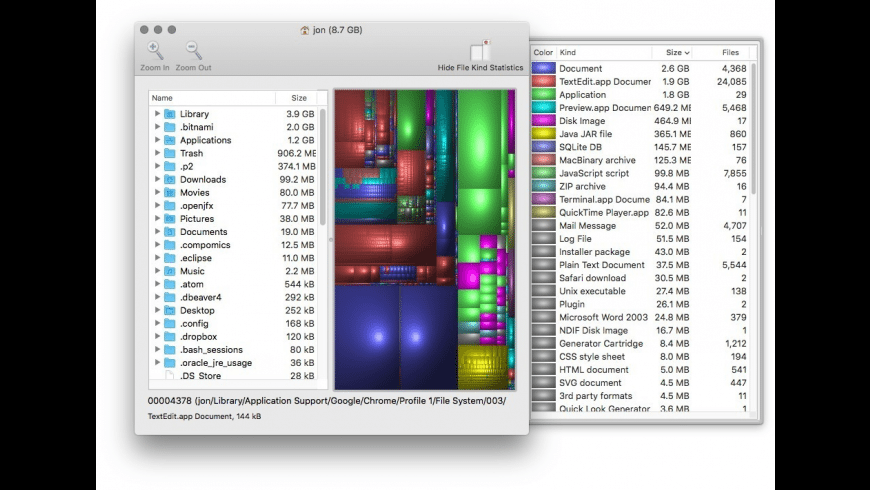 Главное окно Disk Inventory X с treemap и панелью File Kind Statistics