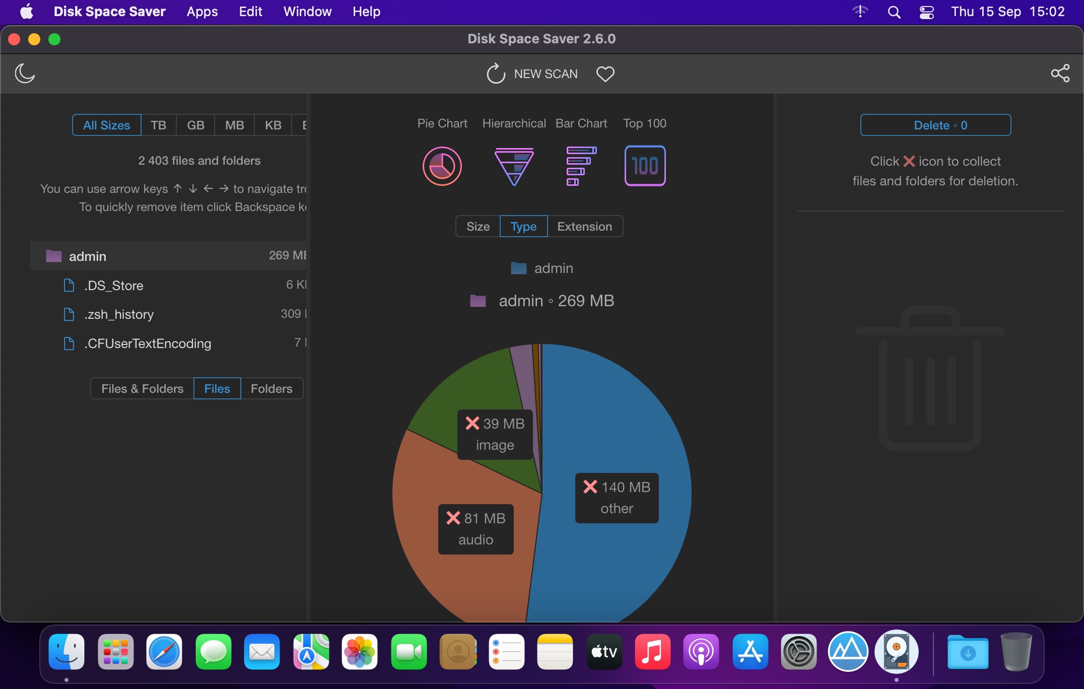 Группировка по типам файлов в Disk Space Saver