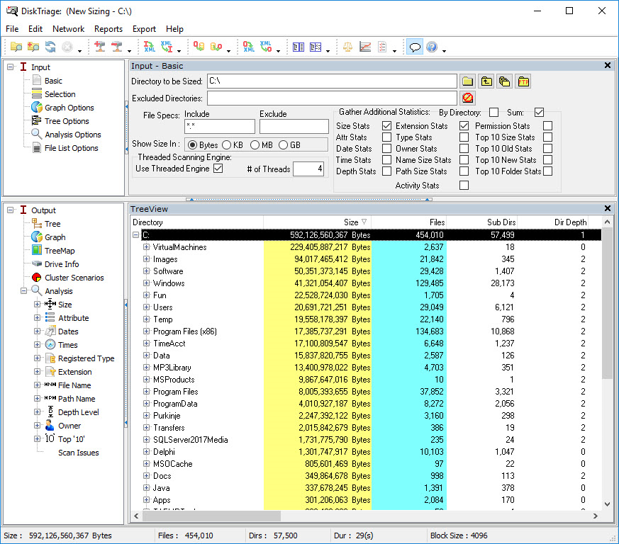 Главное окно DiskTriage с выбранным диском C:, настройками Input - Basic и таблицей TreeView