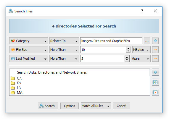 Диалог поиска файлов в DiskBoss