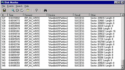 Главное окно Sysinternals DiskMon с журналом операций чтения и записи