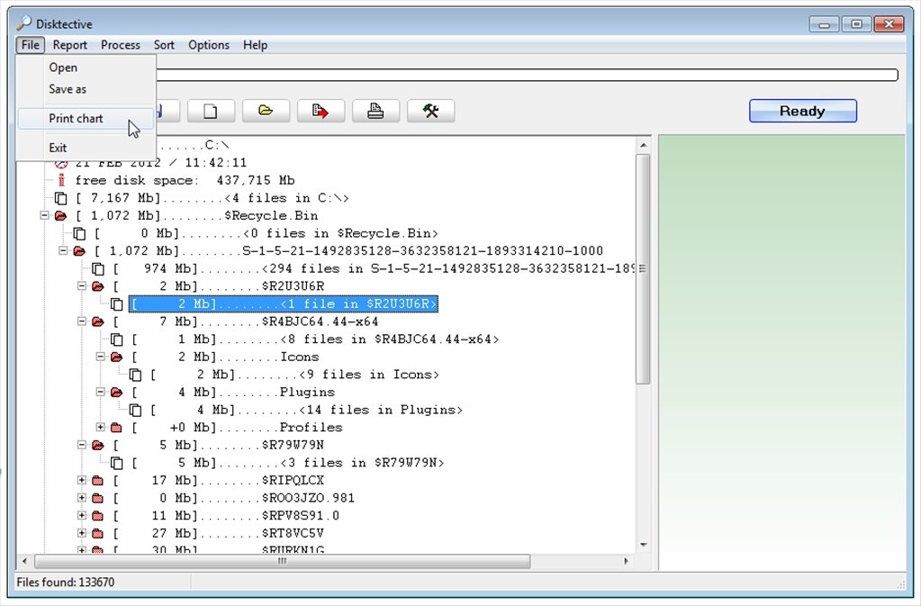 Меню File в Disktective: Open, Save as, Print chart, Exit