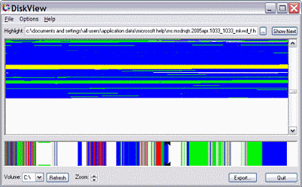 Sysinternals DiskView: главное окно с картой кластеров, полем Highlight, кнопкой Show Next и элементами Volume, Refresh, Zoom, Export, Quit