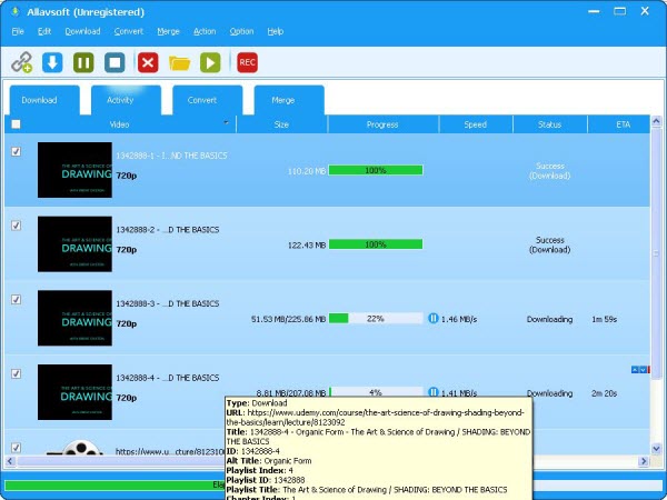 Вкладка Activity со списком загрузок в Allavsoft