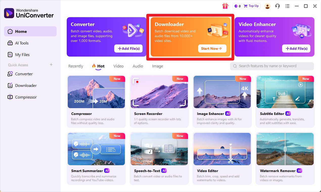 Модуль Downloader на главном экране Wondershare UniConverter